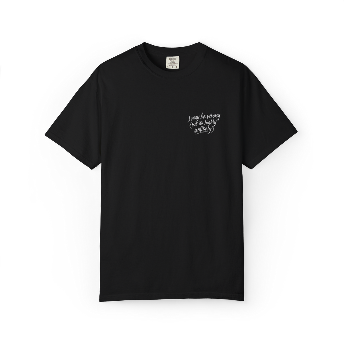 Front of black t-shirt with small white script chest print