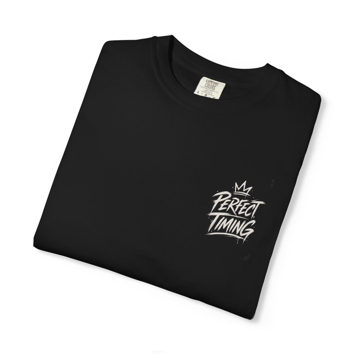 Folded black Perfect Timing t-shirt showing chest logo