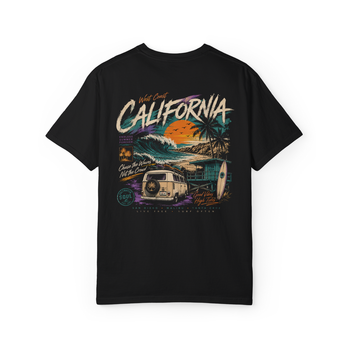 Black 100% cotton T-shirt with California beach, surf, camper van and wave halftone artwork on the back