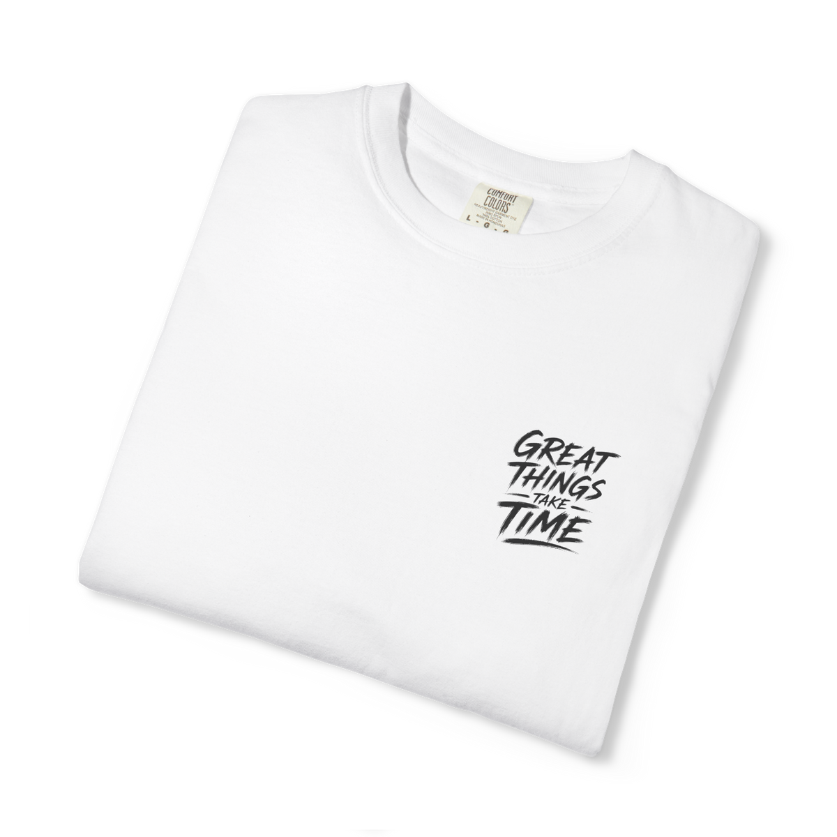 Folded white Great Things Take Time graphic T-shirt