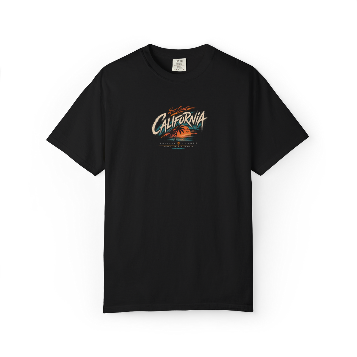 Black 100% cotton T-shirt with California West Coast sunset and palm tree graphic on the front