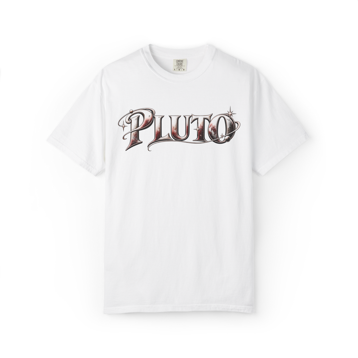 White T-shirt with Pluto halftone wordmark and star graphic on the front