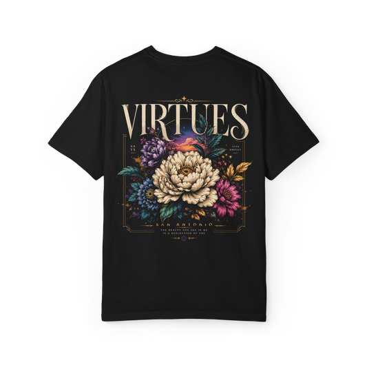Black 100% cotton Virtues Half Tone floral T-shirt back view