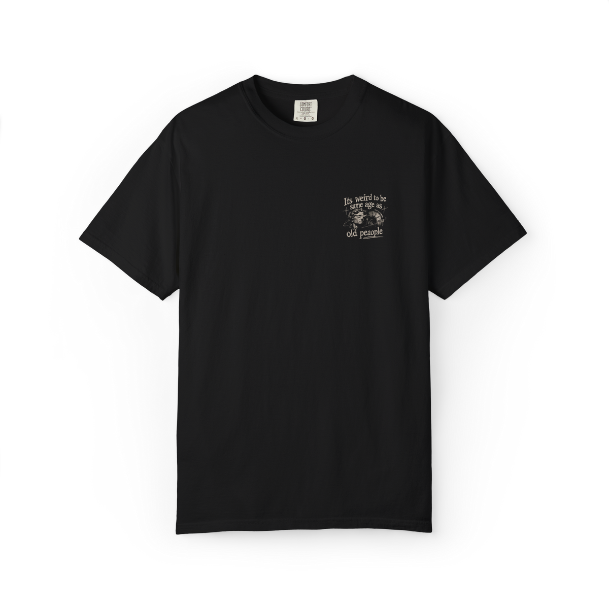 Front of black t-shirt with small halftone chest print