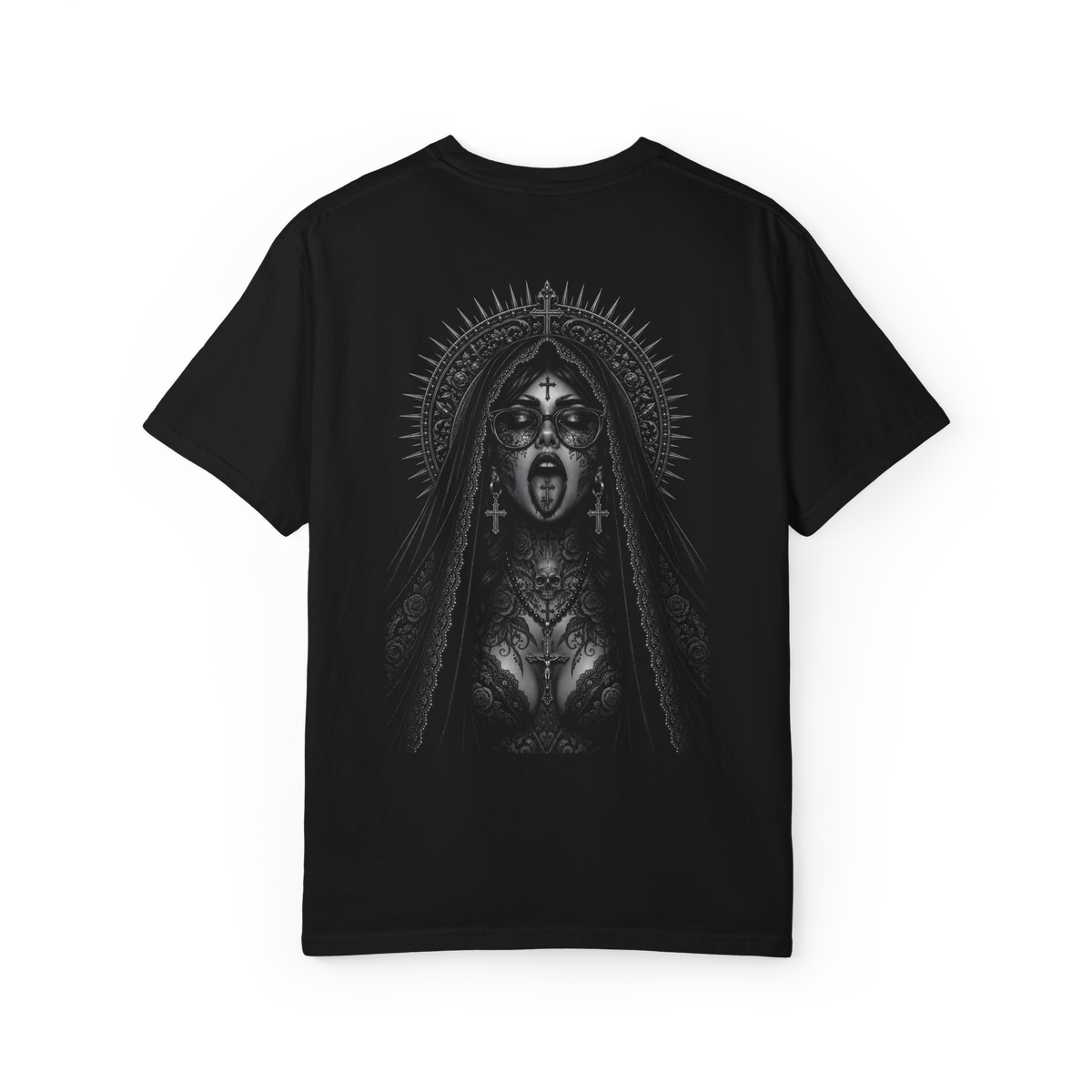 Black T-shirt with monochrome Sovereign gothic portrait graphic on the front