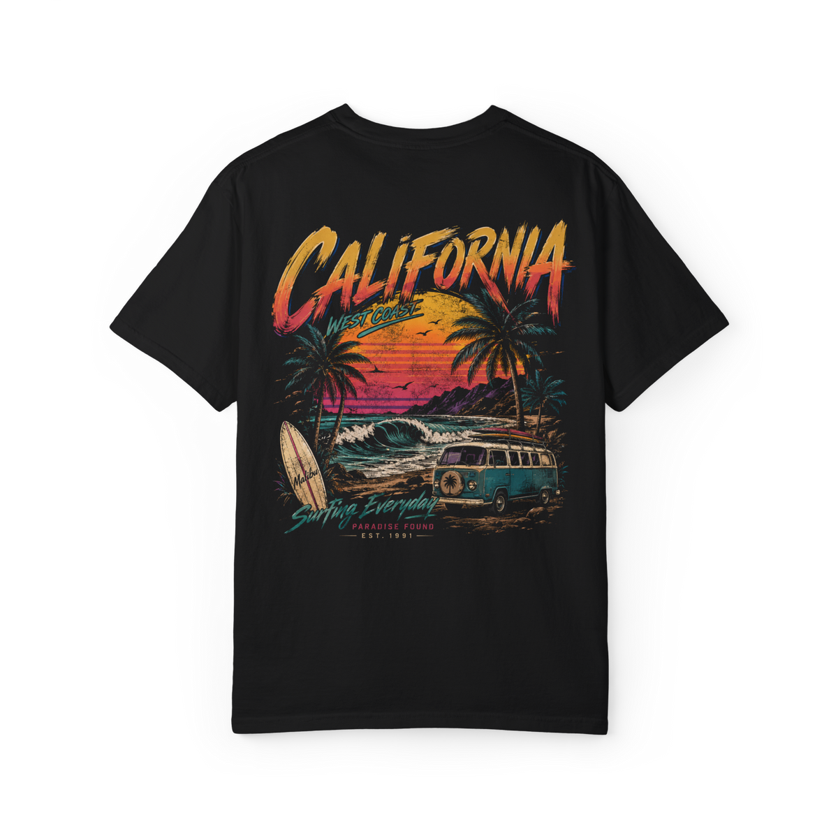 Black T-shirt with a colourful California surf scene graphic on the back