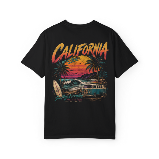 Black T-shirt with a colourful California surf scene graphic on the back
