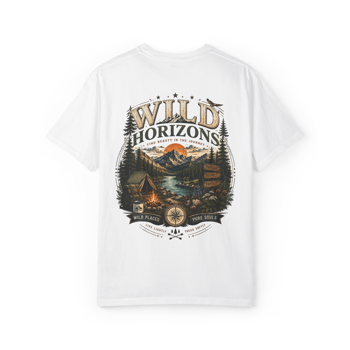 White 100% cotton T-shirt with Wild Horizons mountain and woodland halftone artwork on the back