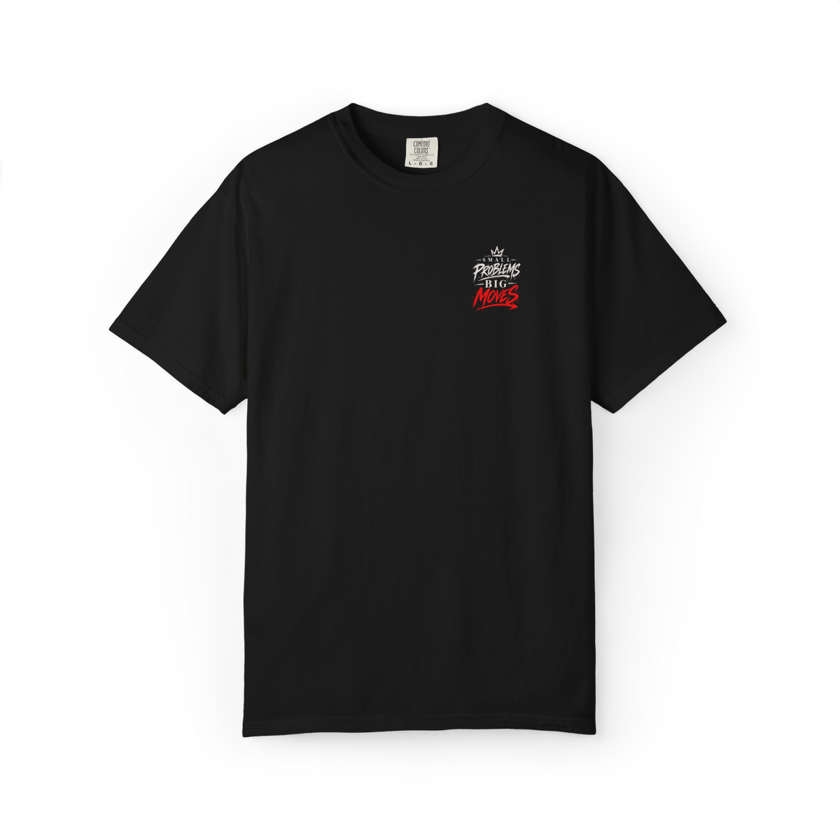 Front of black t-shirt with small Small Problems Big Moves chest crest