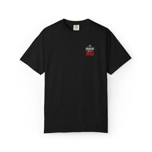 Front of black t-shirt with small Small Problems Big Moves chest crest