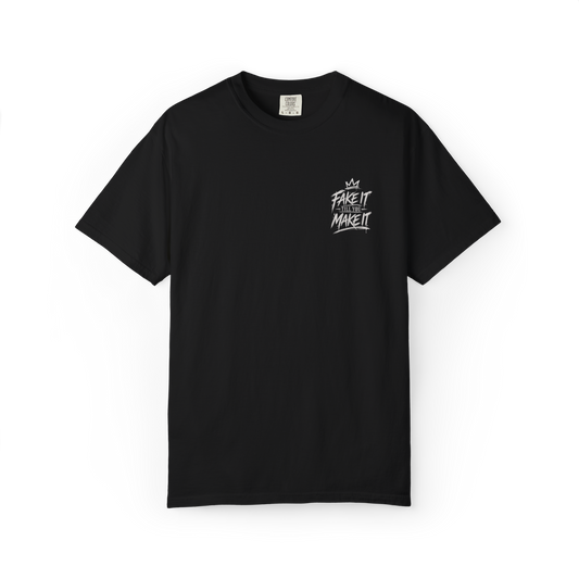 Front of black T-shirt with Fake It Till You Make It chest graphic