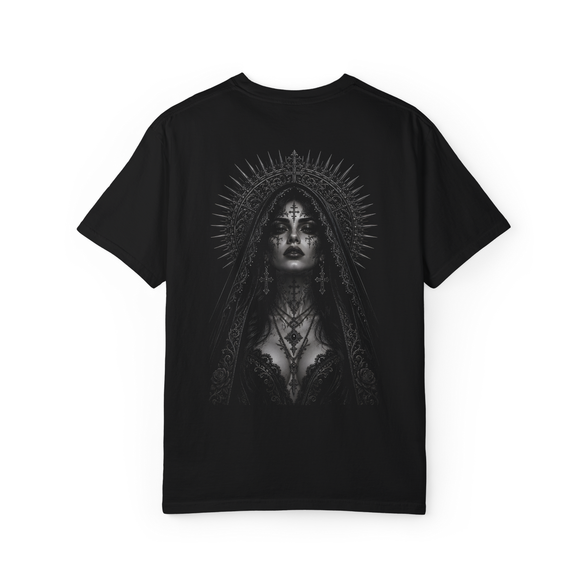 Black T-shirt with a monochrome Sovereign gothic portrait graphic on the front