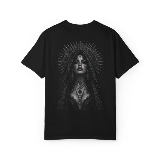 Black T-shirt with a monochrome Sovereign gothic portrait graphic on the front