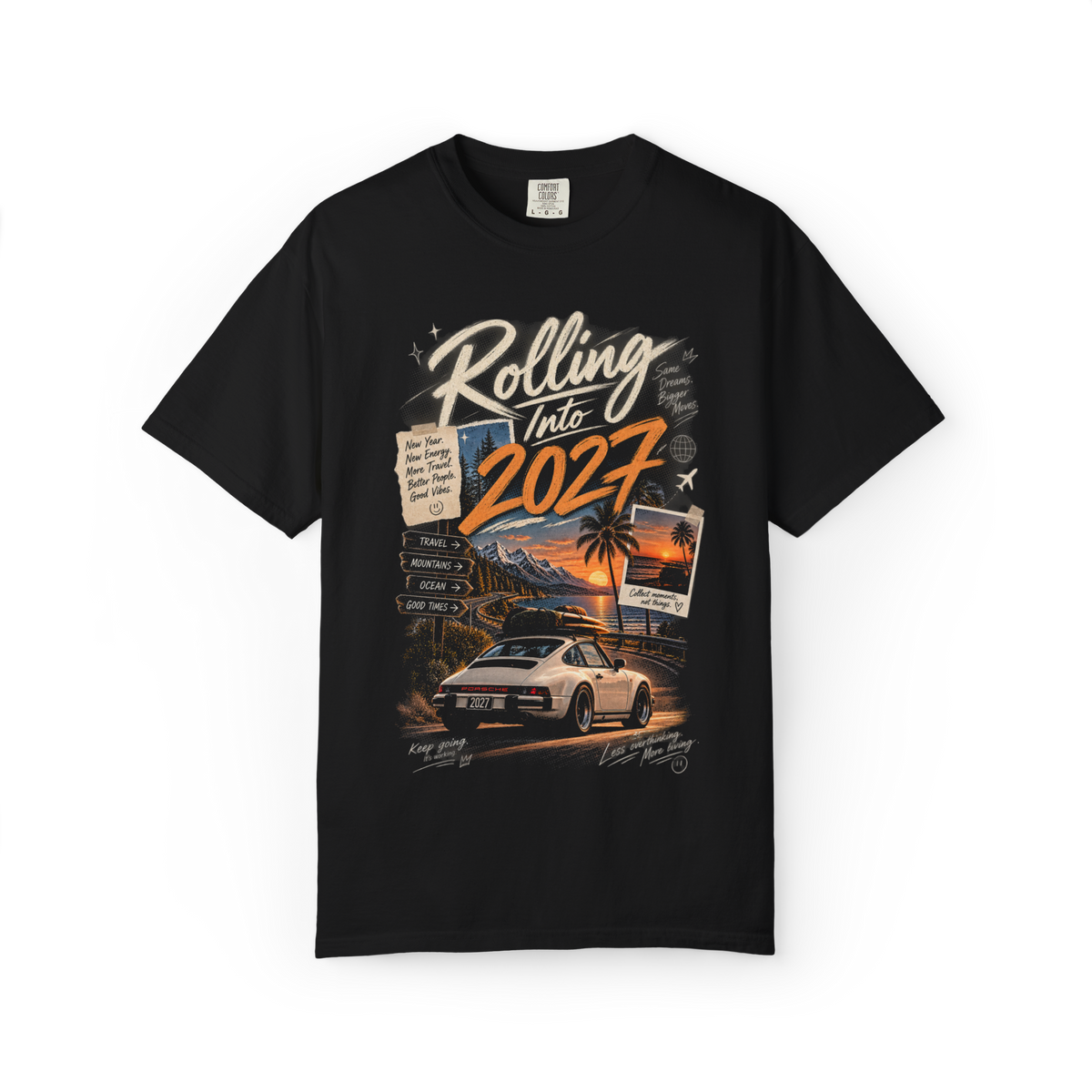 Black T-shirt with Rolling Into 2027 halftone travel graphic on the front