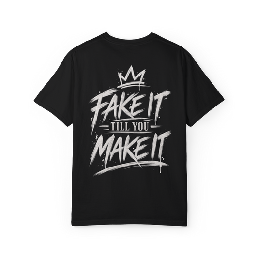 Back of black T-shirt with Fake It Till You Make It crown graphic