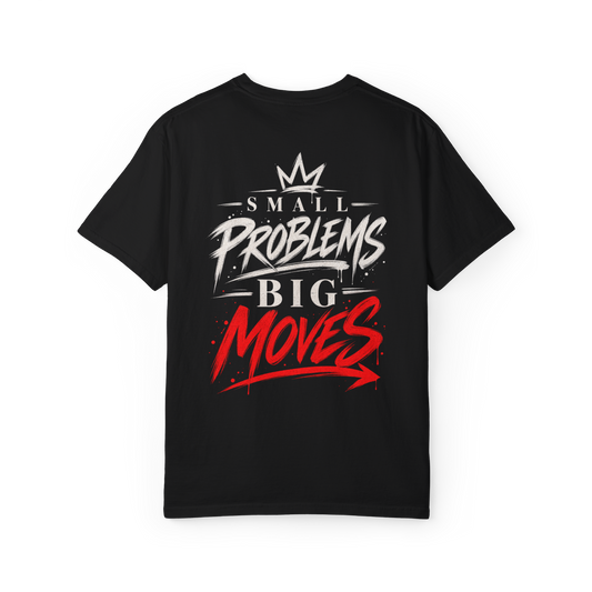 Back of black t-shirt with large Small Problems Big Moves graffiti print in white and red