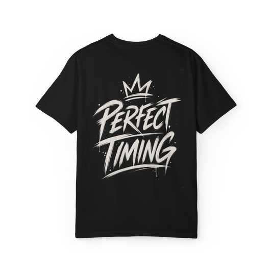 Black t-shirt with small Perfect Timing chest logo