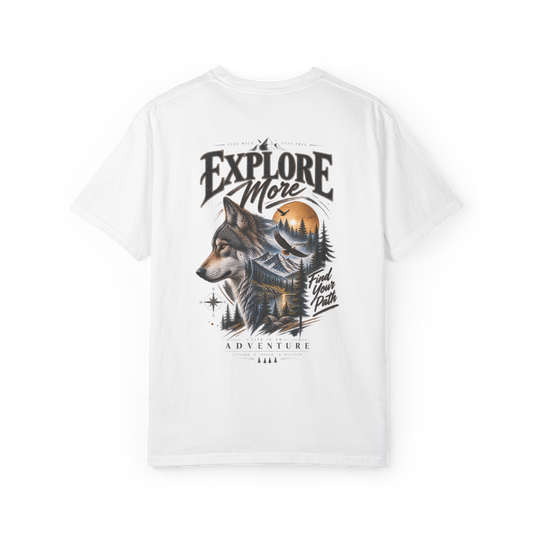 White 100% cotton T-shirt with Explore More wolf, mountain and nature halftone artwork