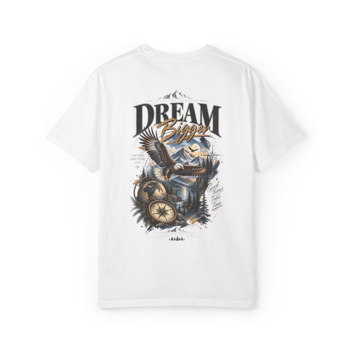 White 100% cotton T-shirt with Dream Bigger eagle, mountain and compass halftone artwork