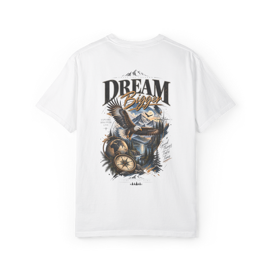 White 100% cotton T-shirt with Dream Bigger eagle, mountain and compass halftone artwork