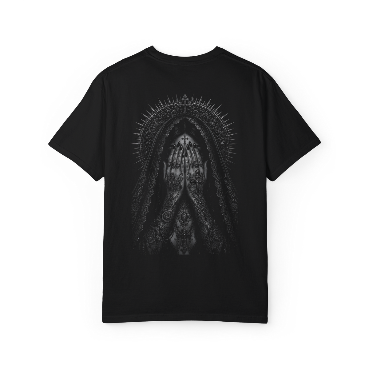 Black T-shirt with a monochrome Sovereign praying hands gothic graphic on the front