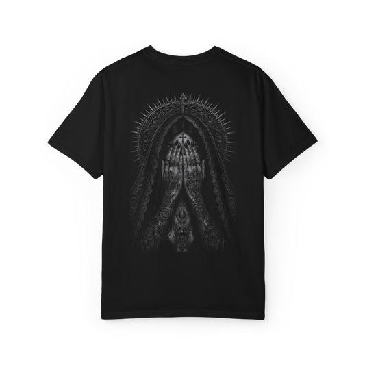 Black T-shirt with a monochrome Sovereign praying hands gothic graphic on the front