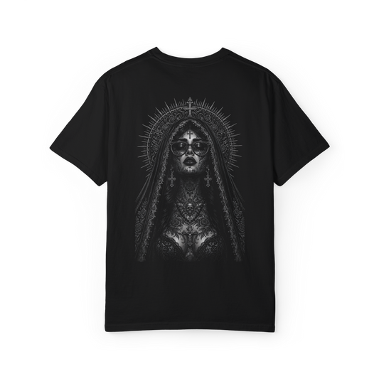 Black T-shirt with a monochrome Sovereign portrait wearing sunglasses on the front