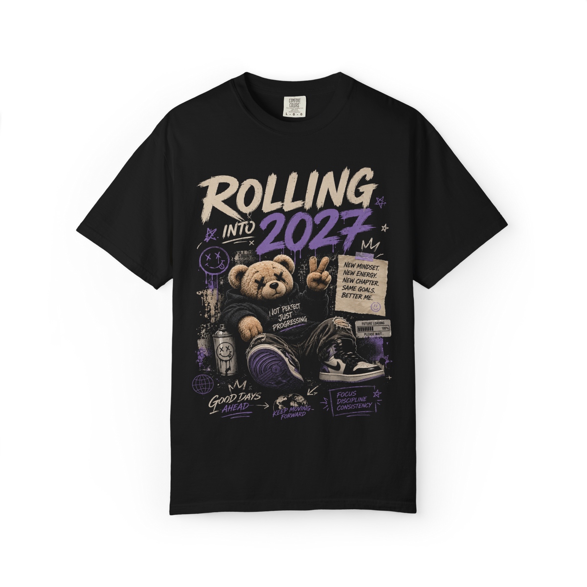 Black T-shirt with Rolling Into 2027 bear and purple halftone graphic on the front