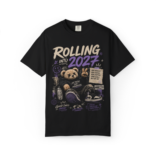 Black T-shirt with Rolling Into 2027 bear and purple halftone graphic on the front