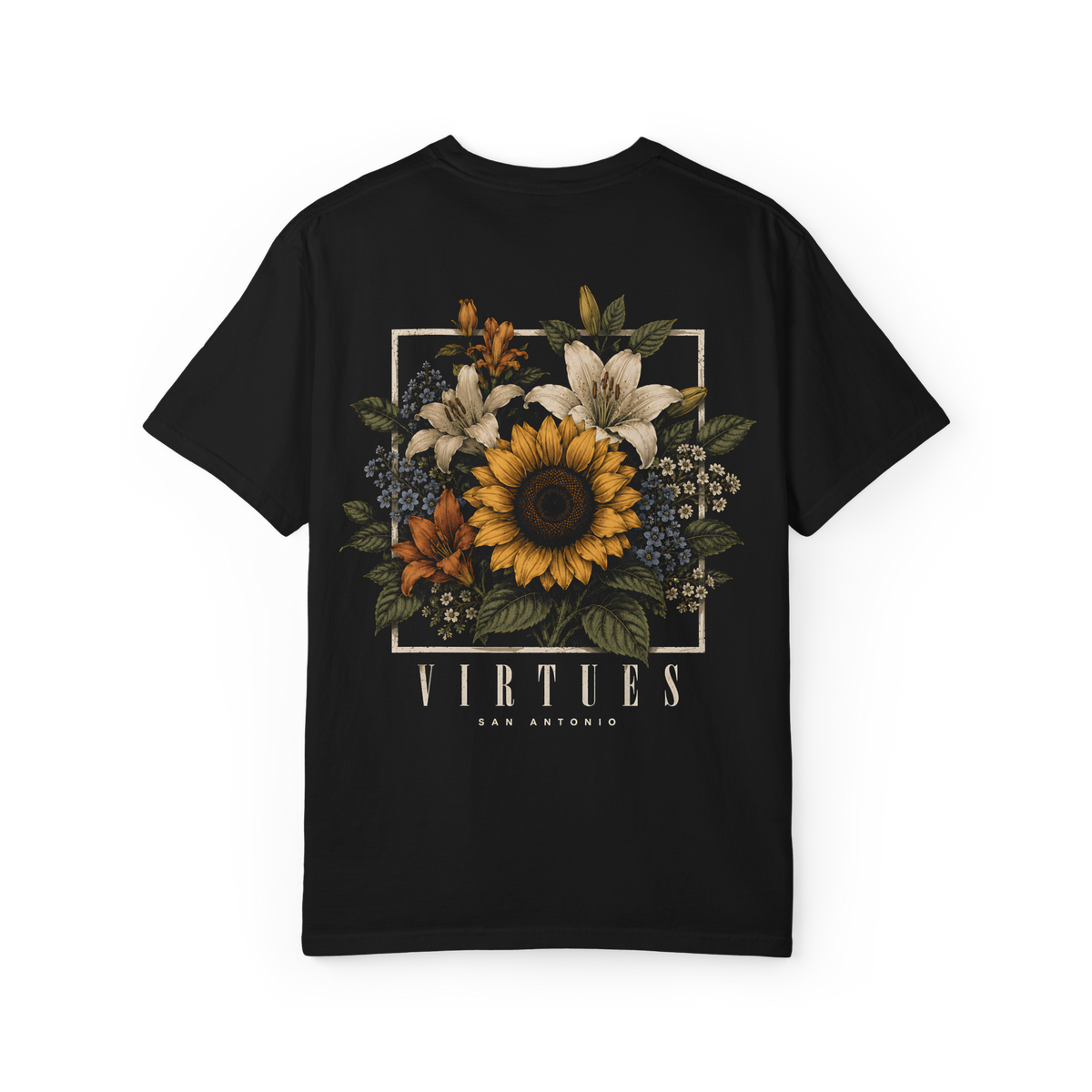 Black 100% cotton Virtues sunflower floral T-shirt back with sunflower graphic