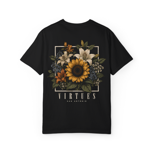 Black 100% cotton Virtues sunflower floral T-shirt back with sunflower graphic
