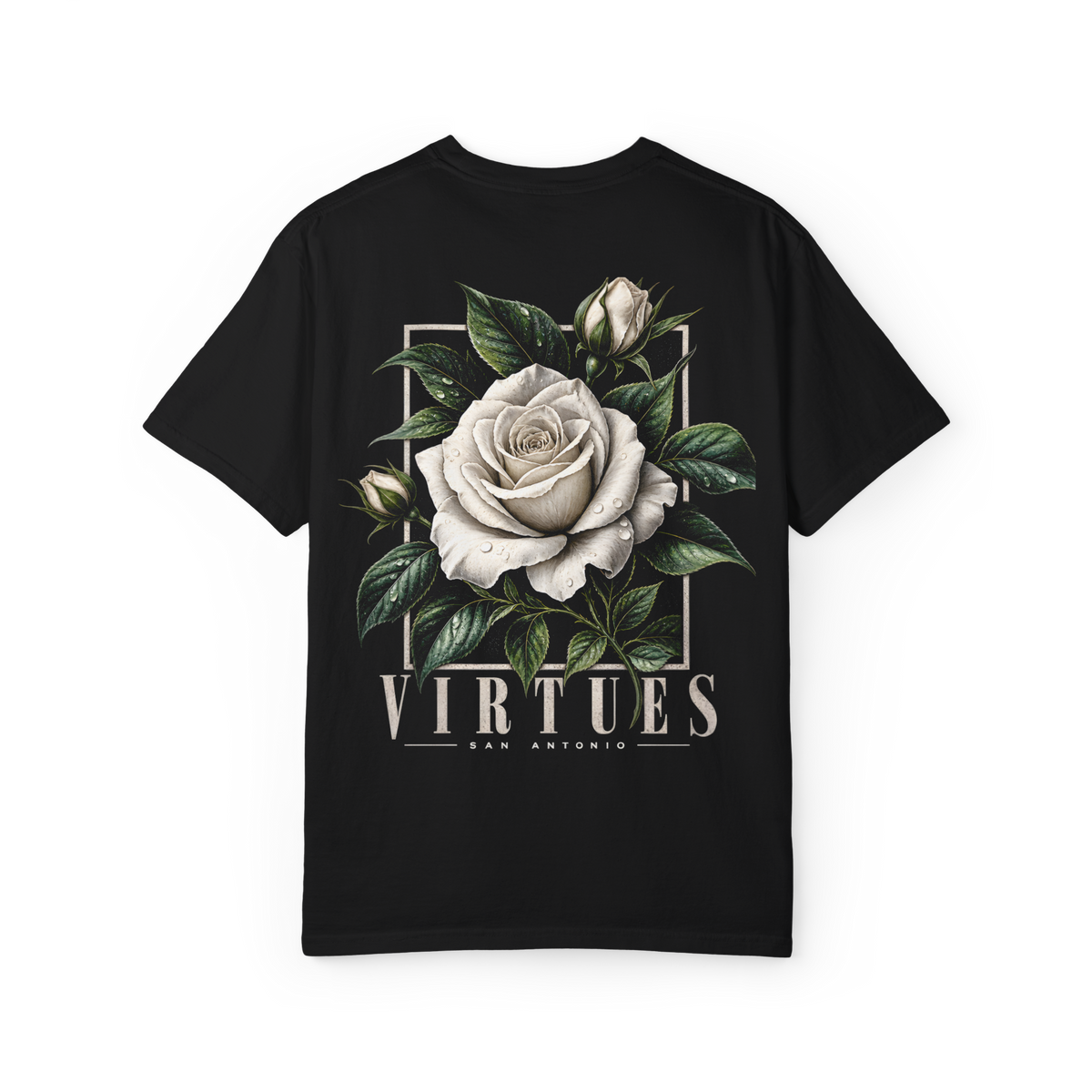 Black 100% cotton Virtues floral T-shirt back graphic