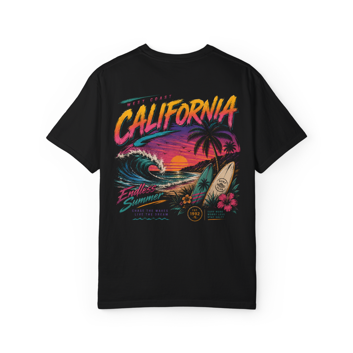 Black 100% cotton T-shirt with colourful California beach, surfboard and wave artwork on the back