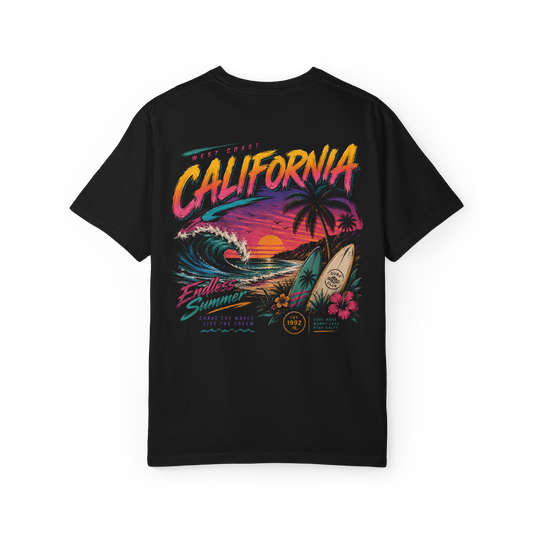 Black 100% cotton T-shirt with colourful California beach, surfboard and wave artwork on the back