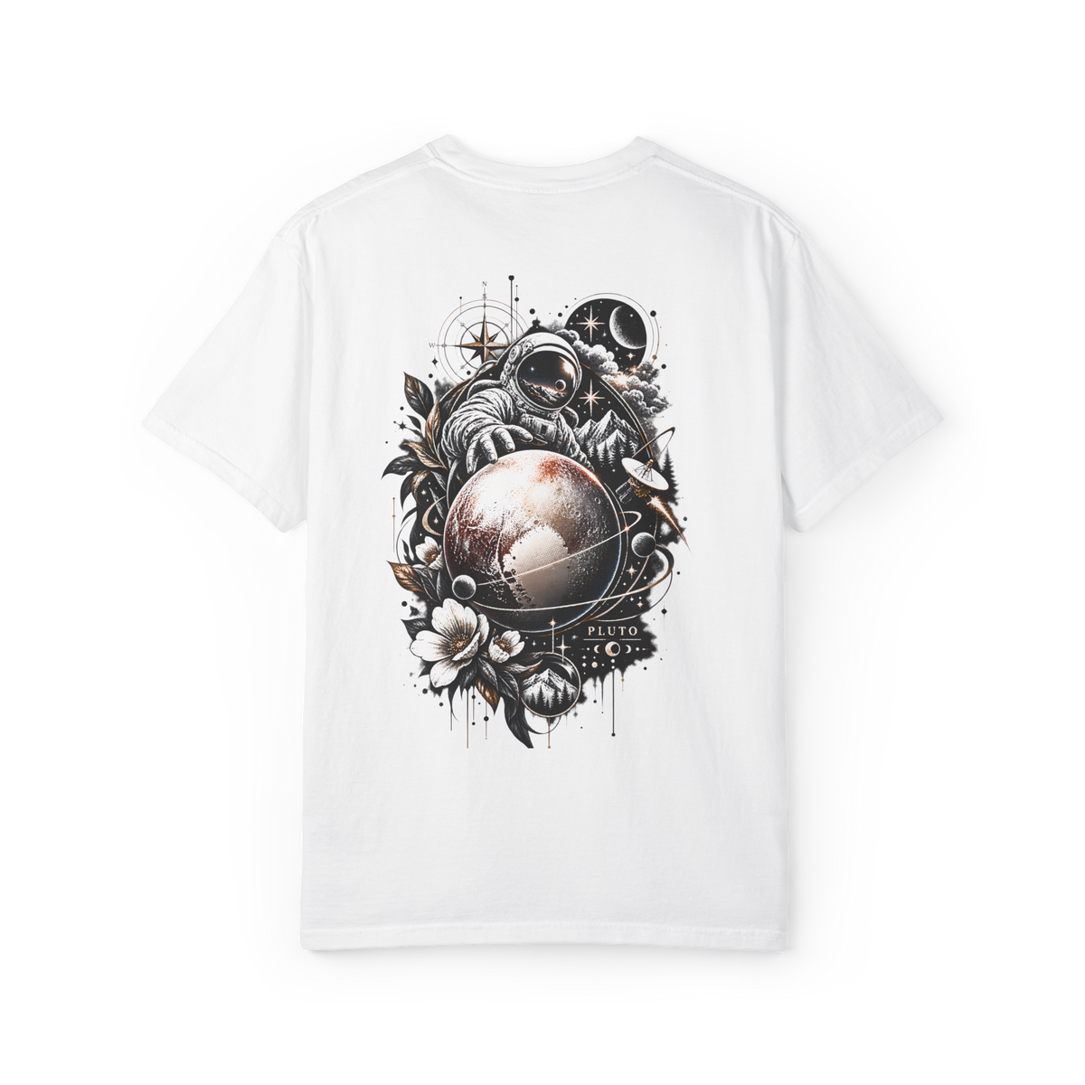 White T-shirt with astronaut and Pluto halftone space graphic on the back