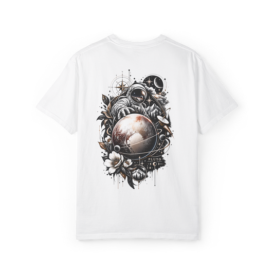 White T-shirt with astronaut and Pluto halftone space graphic on the back