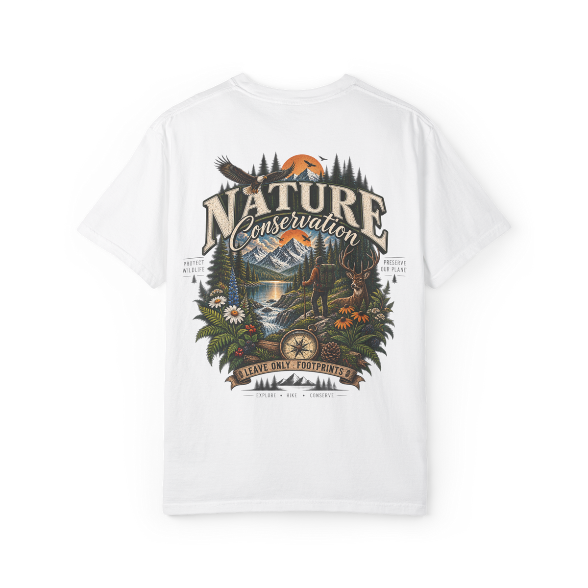 White 100% cotton T-shirt with Nature Conservation mountain, wildlife and compass artwork
