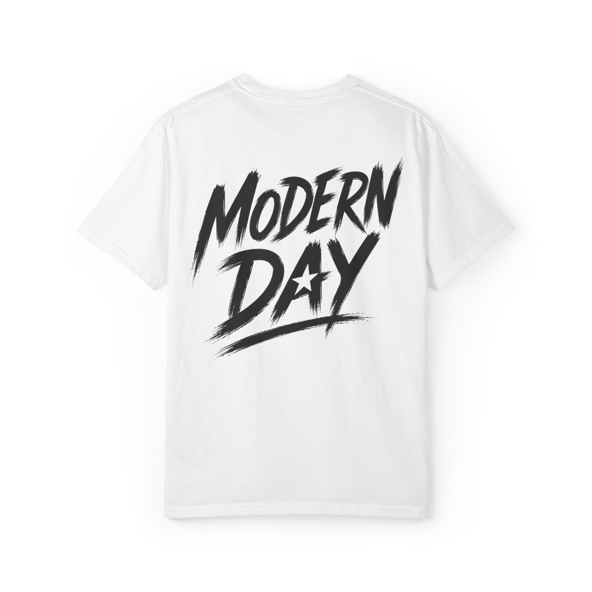 White Modern Day graphic T-shirt back view with large black lettering and star detail
