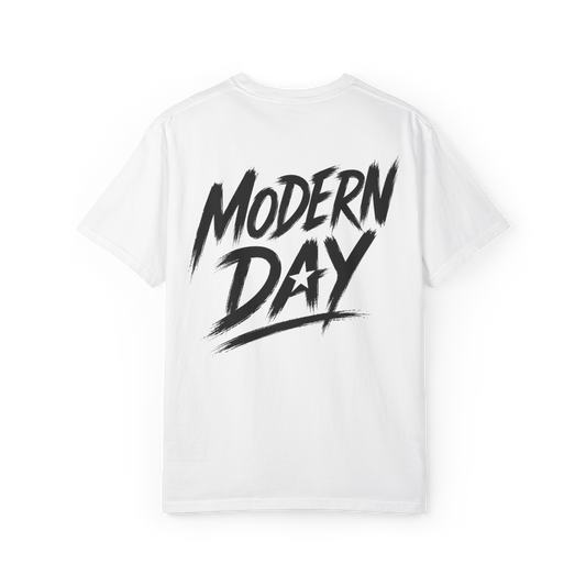 White Modern Day graphic T-shirt back view with large black lettering and star detail