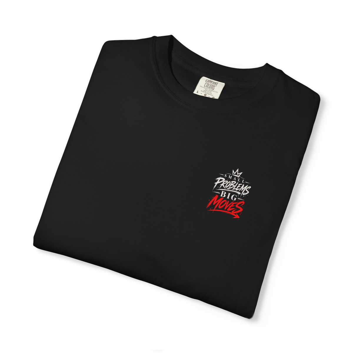 Folded black Small Problems Big Moves t-shirt showing chest crest