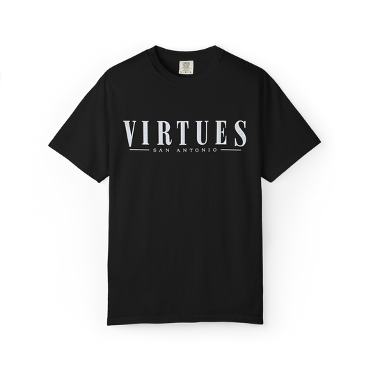 Black 100% cotton Virtues floral T-shirt front graphic