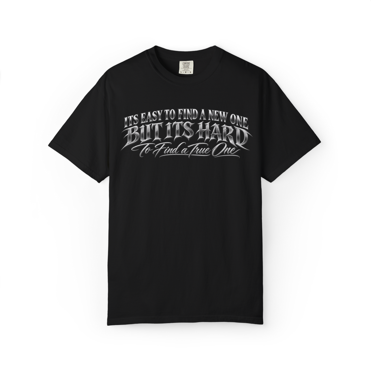 Black t-shirt with chrome script find a true one chest print