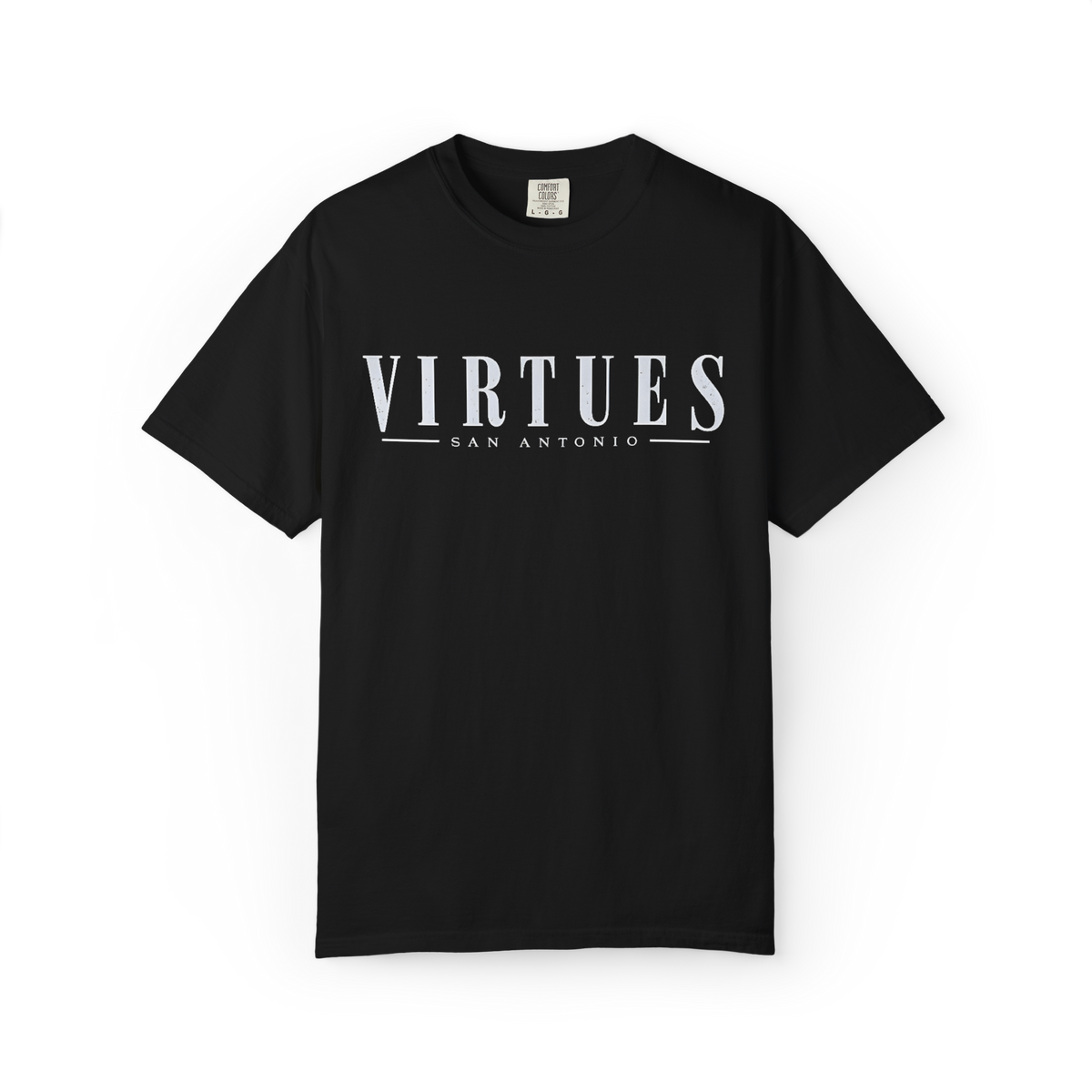 Black 100% cotton Virtues Half Tone T-shirt front view
