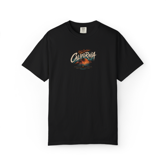 Black 100% cotton T-shirt with California West Coast sunset and palm tree halftone artwork on the front