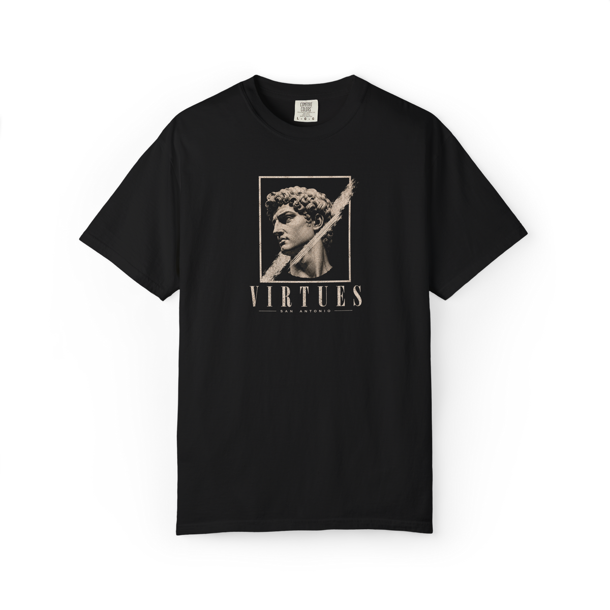 Black 100% cotton Virtues classical graphic T-shirt front view