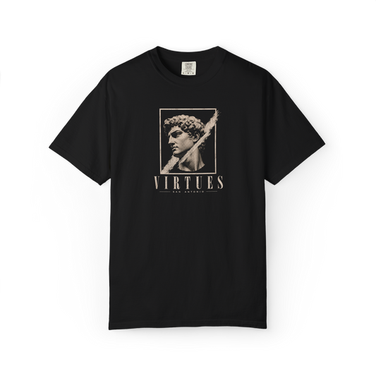 Black 100% cotton Virtues classical graphic T-shirt front view