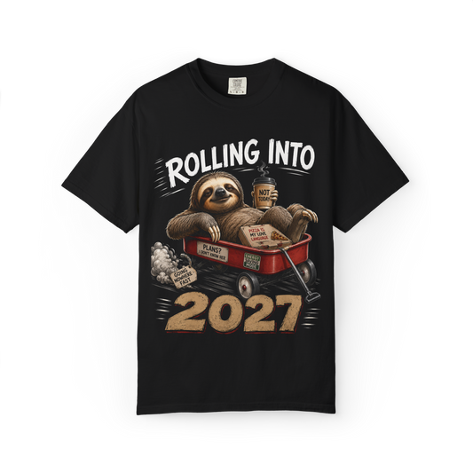 Black T-shirt with Rolling Into 2027 sloth halftone graphic on the front