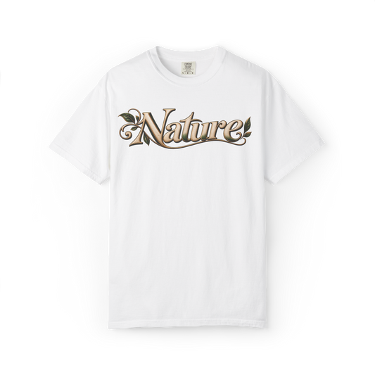 White 100% cotton T-shirt with Nature halftone wordmark and botanical artwork on the front