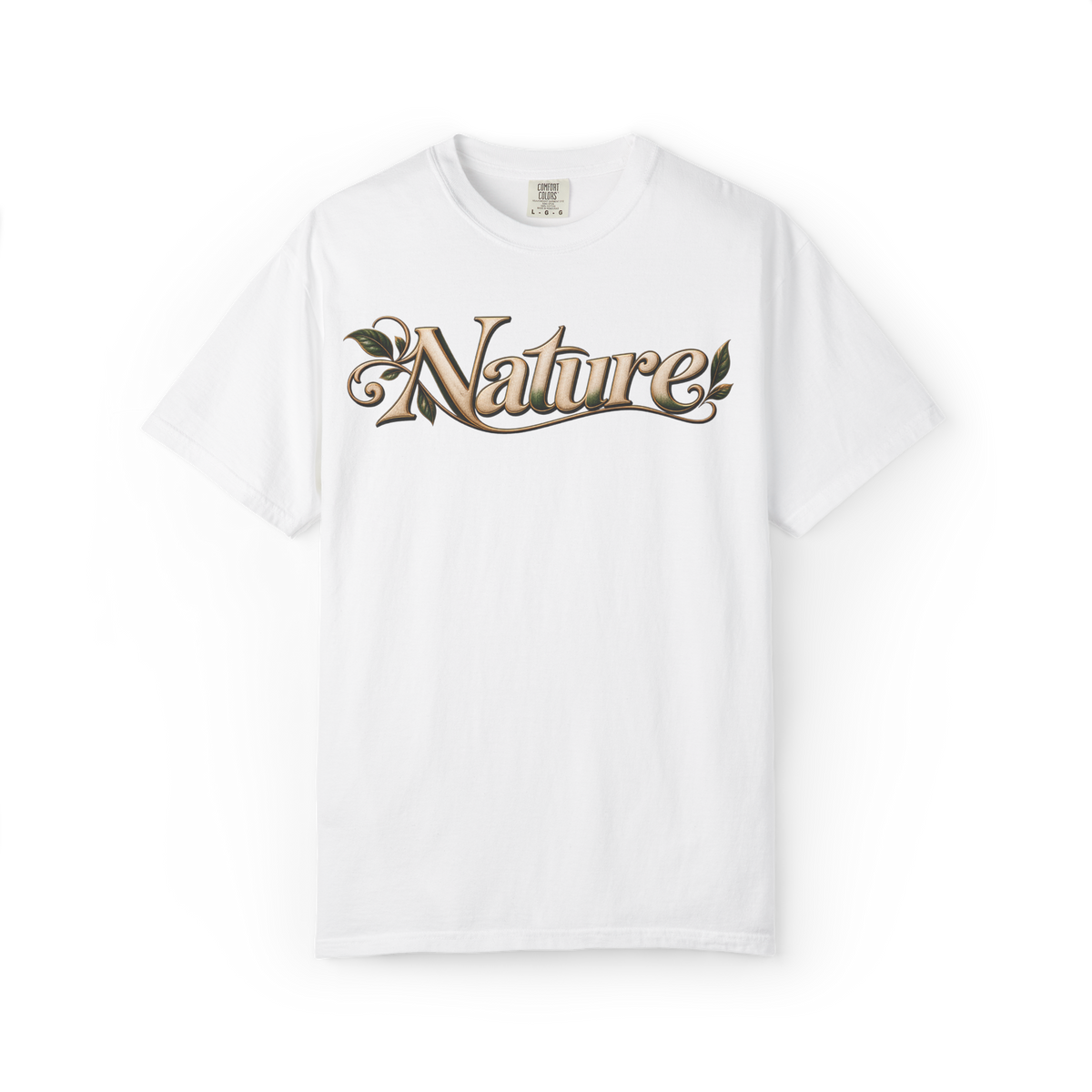 White 100% cotton T-shirt with Nature botanical halftone wordmark artwork