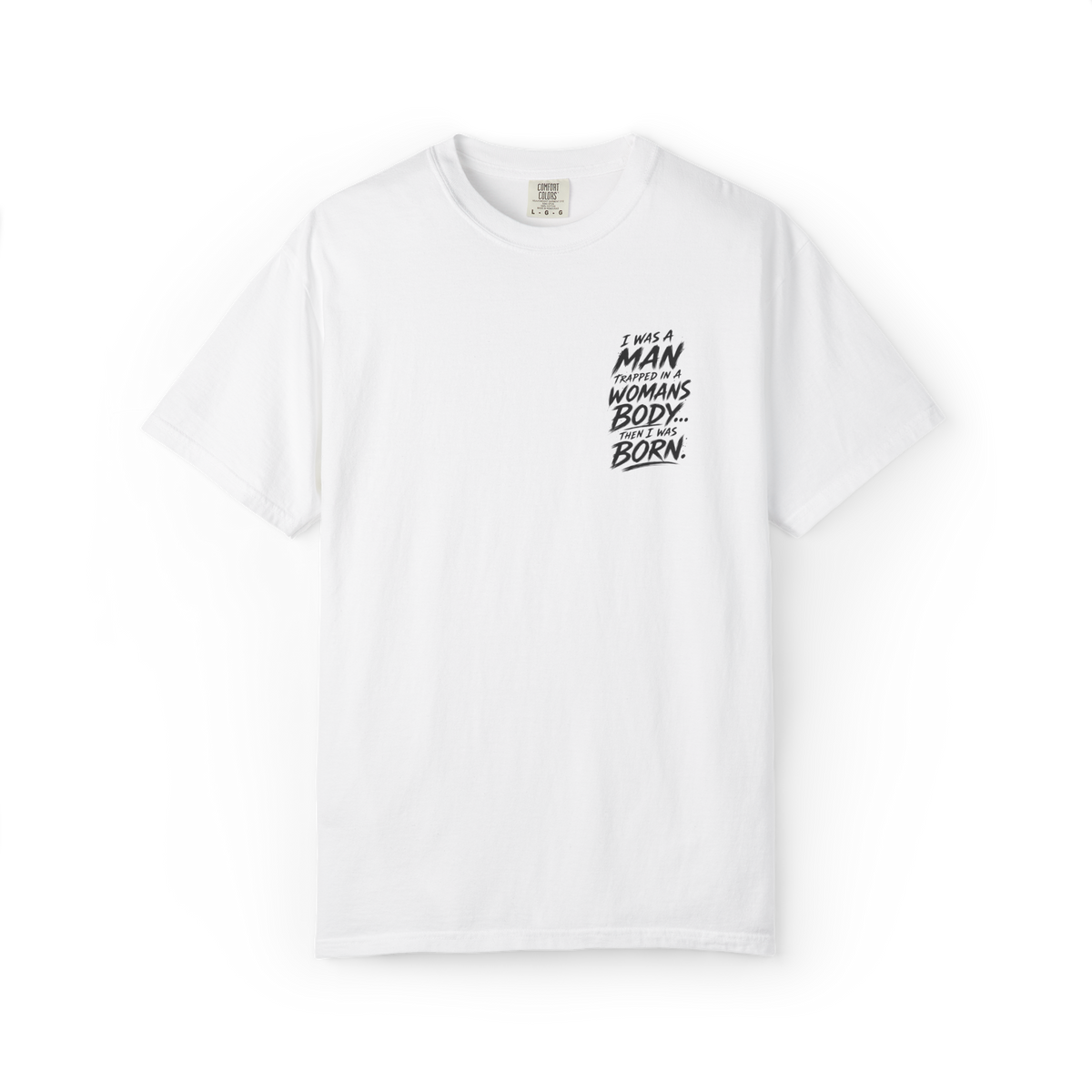 White graphic T-shirt front with small black statement chest print
